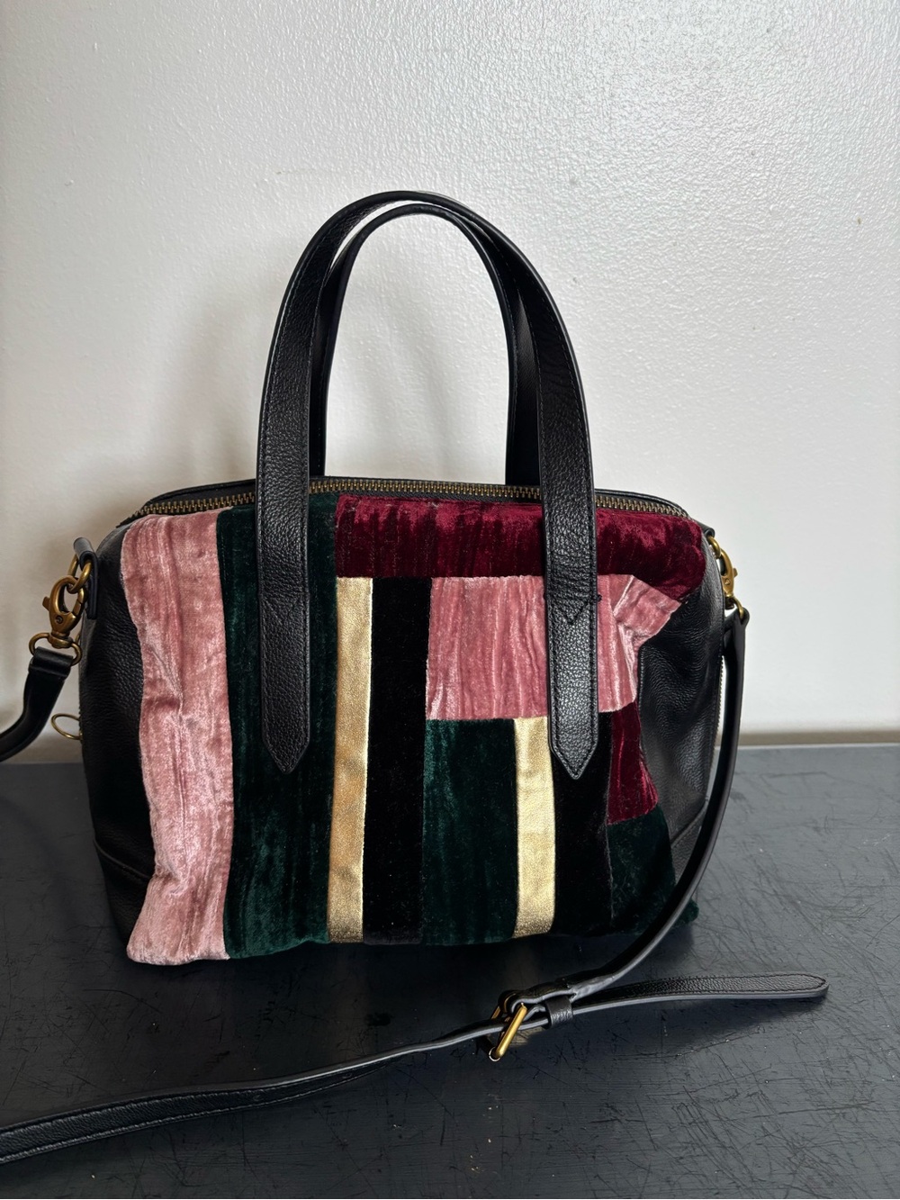 Fossil Patchwork Velvet and Leather Satchel - Black, Pink, Burgundy, Green